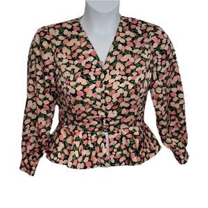 VINTAGE 90s blouse tulip floral‎ peplum long sleeve button up shoulder pads S